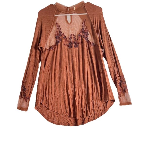 Free People Saheli Brown Long Sleeve Shee Yoke Embroidered Trim Blouse Womens S - Picture 3 of 12